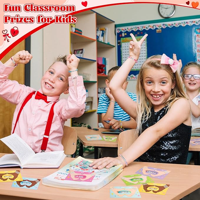 24 Pack Valentine’s Day Friendship Bracelets Card Gifts Set, Friendship Clay Beads Bracelet with Valentines Card Kids School Classroom Prizes Exchange Gift Valentines Party Favors Supplies