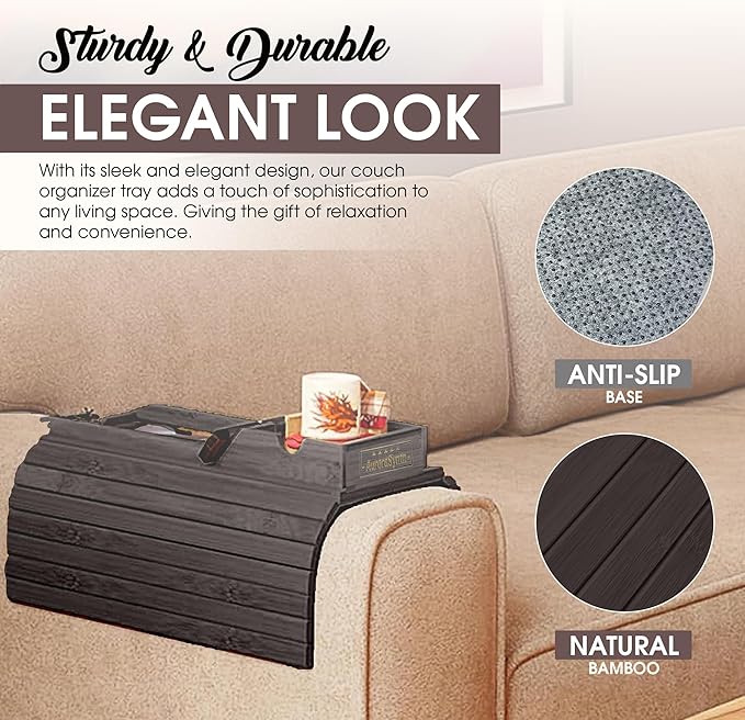 Couch Cup Holder with 2 Cork Coasters | Couch Caddy with Detachable Tray | Anti-Slip Foldable Armrest Sofa Tray, Anti-Spill Holder for Remote, Snacks, Cellphone - Ideal Gift (Walnut)