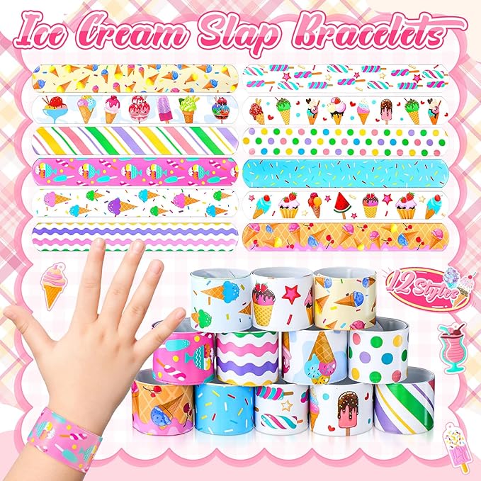 196 Pcs Ice Cream Party Favors Ice Cream Cone Stickers Cute Ice Cream Keychains Ice Cream Slap Bracelet for Ice Cream Theme Birthday Party Sweet Summer Baby Shower Classroom Rewards
