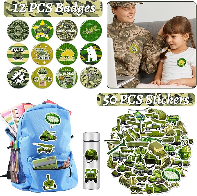 122 PCS Army Party Favors, Military Camo Temporary Tattoos Slap Bracelets Keychains Stickers Badges Goodie Bags Soldiers Figures for Army Birthday Party Decorations Gifts for Kids Classroom Rewards