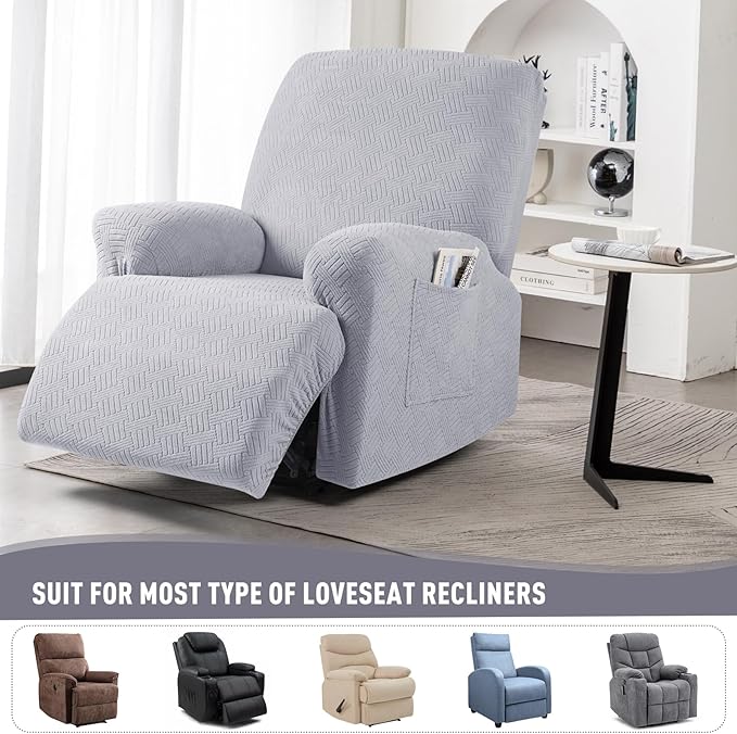 KinCam Recliner Covers, Stretch Reclining Chair Covers, Recliner Sofa Slipcovers Stripe Jacquard Recliner Couch Covers Furniture Protector Covers for Pet Kid (1 Seater, Misty Gray)