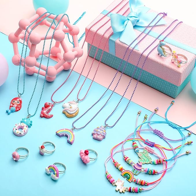 24 Pcs Little Girl Jewelry Set Kids Unicorn Necklace Cute Woven Bracelet Ring for Girls Pretend Dress up Party Favor (Cute Style)