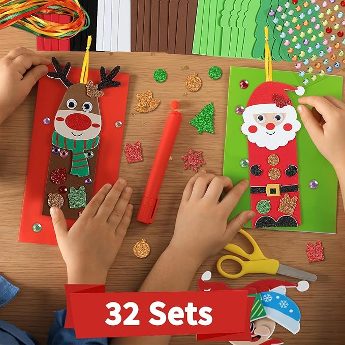 500pcs Christmas Craft Kits for Kids, 32 Sets DIY 3D Holiday Bookmarks Ornaments Decorations, Santa Reindeer Foam Felt Stickers Arts and Crafts for Kids Xmas Winter Classroom Activities