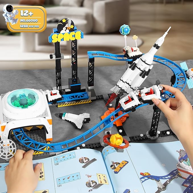 Space Roller Coaster Building Toy for Boys 12+, City Amusement Park Building Block Featuring a Roller Coaster Toy, Lift Platform, Satellites, Rocket, Christmas Toy for Kids Ages 12+, 1288Pcs