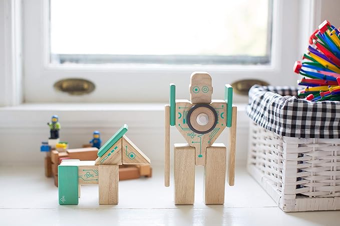 Tegu Robo Magnetic Wooden Block Set, Electric Aqua, 8 PIECE