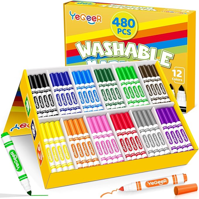 480 Count Washable Markers Bulk – 12 Assorted Colors, Broad Tip Markers for Kids, Teachers, and Classroom Supplies, Perfect for Art and Coloring.