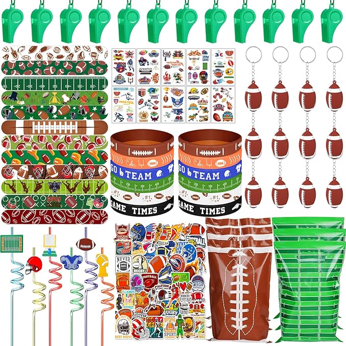 134 Pcs Football Party Favors Set 12 Silicone Bracelet 12 Whistles 12 Keychains 12 Slap Bracelet 12 Tattoo Stickers 12 Plastic Straws 12 Gift Bags 50 Football Stickers for Football Party Supplies