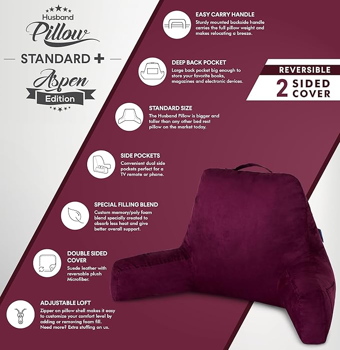 Husband Pillow Aspen Mauve Purple, Standard+ Reading Pillow Bed Rest Chair, Two-Sided Reversible Fabric, Large Lounge Cushion Adult Backrest with Arms, Comfy Back Support for Sit Sitting Up, Washable