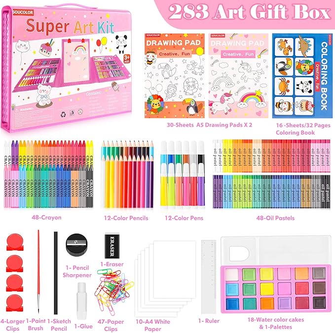 Soucolor Art Supplies, 283 Pieces Drawing Set Art Kits with Trifold Art Easel, 2 Drawing Pads, 1 Coloring Book, Crayons, Pastels, Arts and Crafts Gifts Case, Coloring Set
