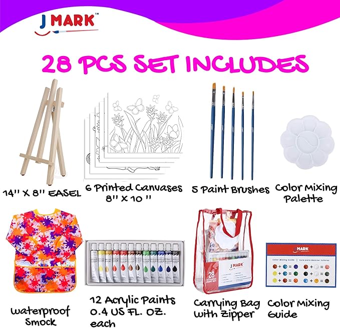 J MARK Pain Set for Kids – Acrylic Kids Painting Kit with Storage Bag, Washable Paints, Easel, Canvases, Brushes and More, Complete Kids Painting Set