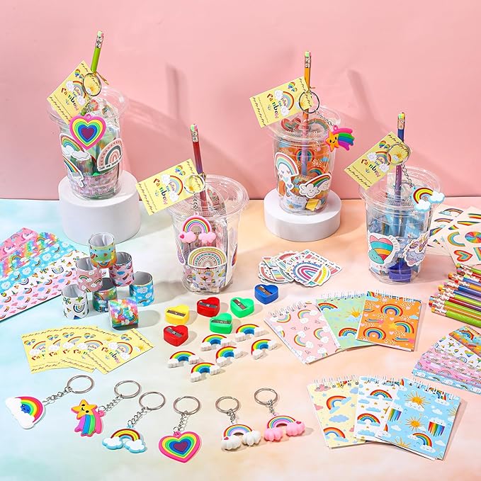 251 Pcs Party Favors Set Includes Drink Gift Cup Mini Notebooks Pencils Heart Eraser Pencil Sharpener Slap Bracelets Ruler Tattoo Stickers Cards Keychain School Stationery Set(Rainbow)