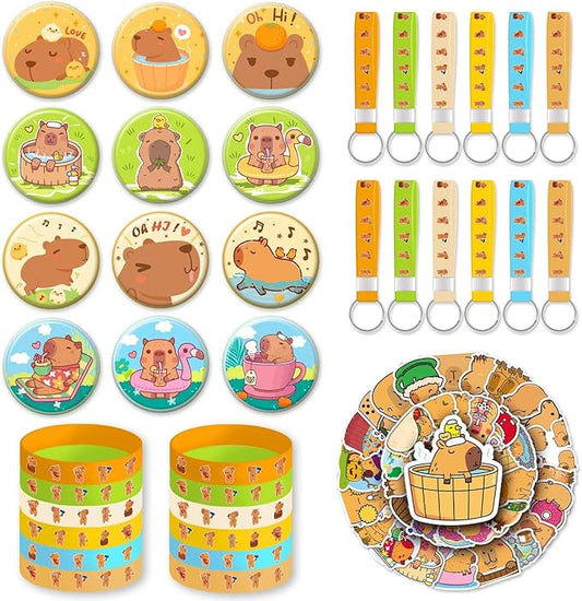 Capybara Party Favors ，Capybara Birthday Decorations For Kids Capybara Birthday Party Supplies For Girls Includes 12 Bracelets,12 Button Pins,12 Key Chain,50 Stickers