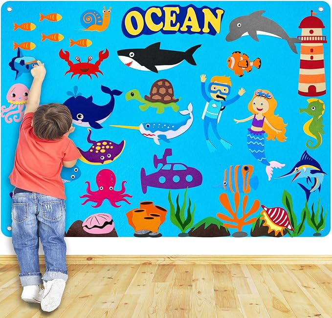 Craftstory 41 Pcs Under The Sea Teaching Felt Flannel Board for Toddlers 3.5 Ft Ocean Creature Storytelling Aquarium Interactive Sensory Wall Activity Play Mermaid Diver Shark Gifts Montessori Crafts