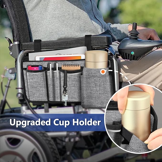 FINPAC Wheelchair Side Storage Bag w/Cup Holder, Wheelchair Armrest Accessories Pouch with Pen Slot and Reflective Strips for Power Walkers, Rollators, Seniors - Gray