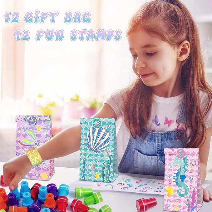 132 Pcs Mermaid Party Favors, Mermaid Birthday Party Favorsfor Kids with Mini Notebooks Pens Slap Bracelets Rings Hairpin Stampers Stickers Bags for Girls Mermaid Birthday Party Decorations Supplies