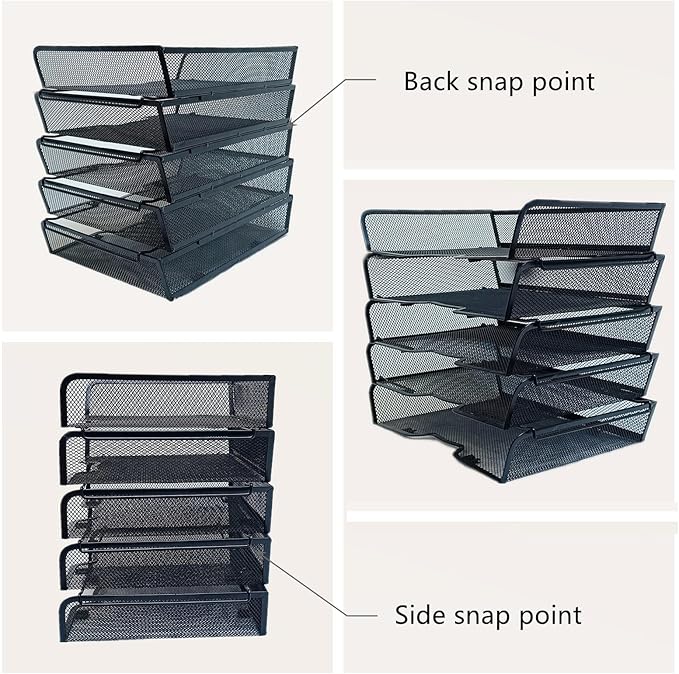 5 Tier Metal Mesh Desk Organizer-Stackable Letter Trays for Office Supplies,Black File Storage System with Reinforced Edges