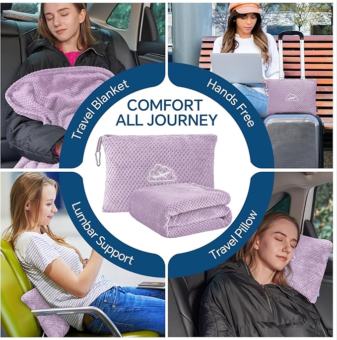 BEDELITE Travel Blanket with Bag, Ultra-Soft Jacquard Fleece Blanket with Luggage Sleeve & Backpack Clip, Airplane Blanket Travel Essentials, Lavender