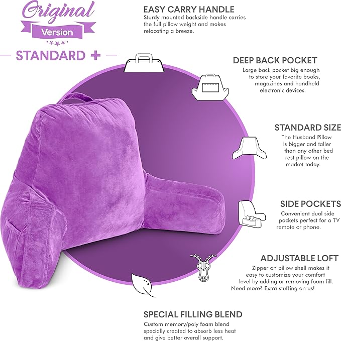 Husband Pillow Light Purple, Original Reading Pillow in Bed Rest Chair, Shredded Memory Foam Large Lounge Cushion Adult Backrest with Arms, Comfy Back Support for Sit Sitting Up, Wash/Removable Cover