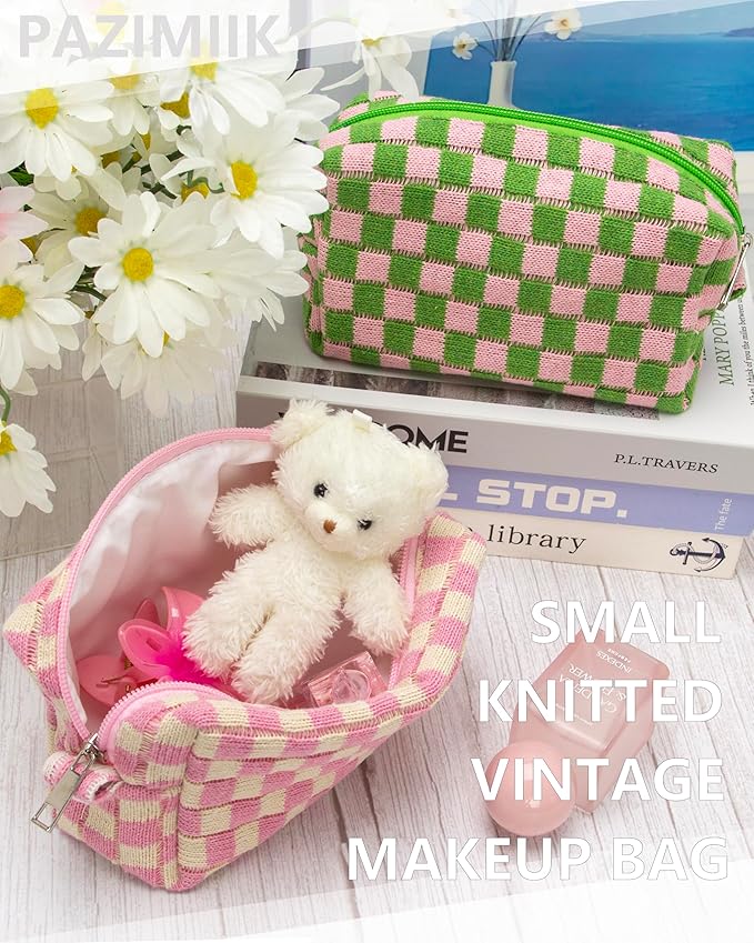 PAZIMIIK 6PCS Checkered Makeup Bag for Purse Portable Zipper Make Up Pouch Small Cosmetic Case for Travel Accessories Pink Beige