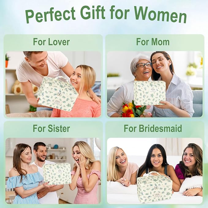 URSKYTOUS 3Pcs Makeup Bag Quilted Cotton Cosmetic Bags for Women Large Small Blue Makeup Pouch Set Cute Coquette Floral Travel Bags Portable Skincare Toiletry Bag Vintage Puffy Essential Organizer