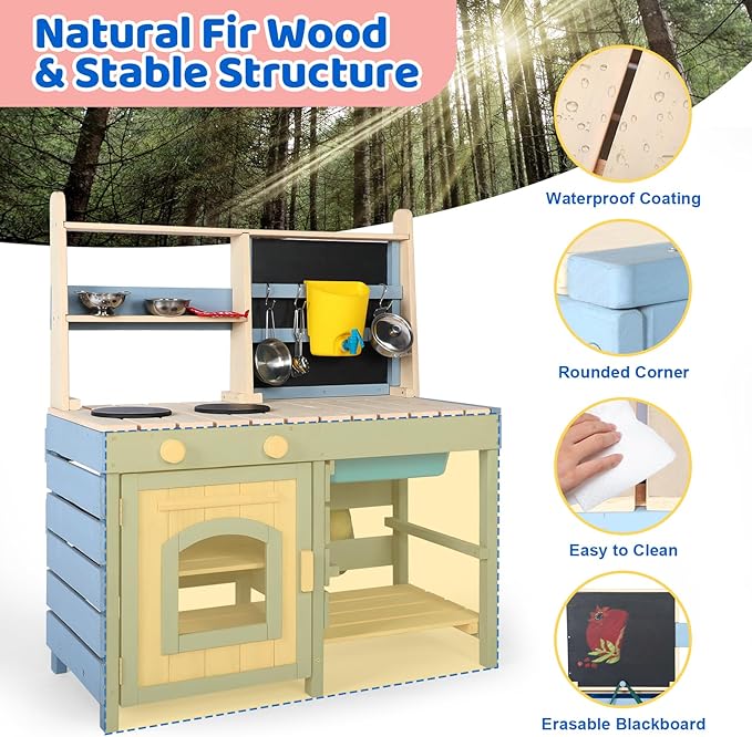 2 in 1 Wooden Mud Kitchen, Outdoor Play Kitchen with Removable Sink,Water Box & Faucet,Stove Top, Storage Bags& Metal Basket,Kitchen & Grocery Store Backyard Outdoor Pretend Kitchen for Kids