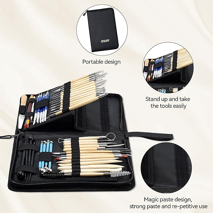 ISSEVE Pottery Clay Sculpting Tools 43Pcs Double Sided Ceramic Clay Carving Tool Set with Upgrade Stand-Up Design Carrying Case for Beginners Professionals School Student Pottery Modeling Smoothing