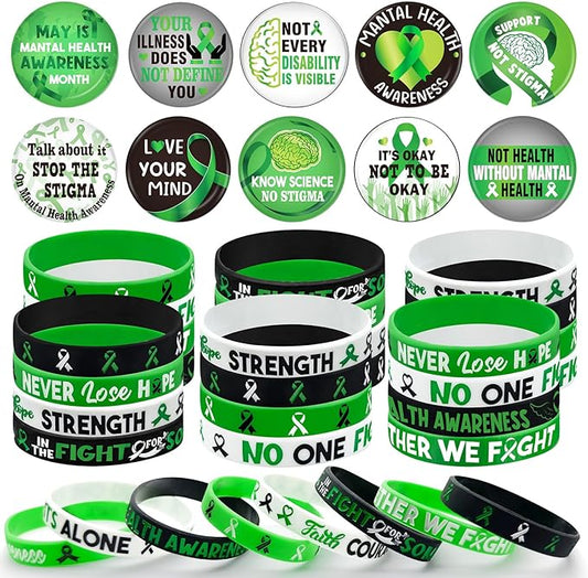 Cinrobiye 60 Pcs Mental Health Awareness Accessories Bulk Include 30 Green Ribbon Bracelets and 30 Button Badges Mental Health Awareness Month Gifts for Teens Adults Party Favors(Green)