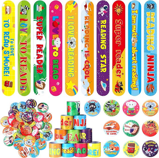 Frienda 60 Pcs Love to Read Slap Bracelets with Button Pins Reading Bracelets Badges for Classroom Teacher Rewards Prize Sunday School Party Gifts