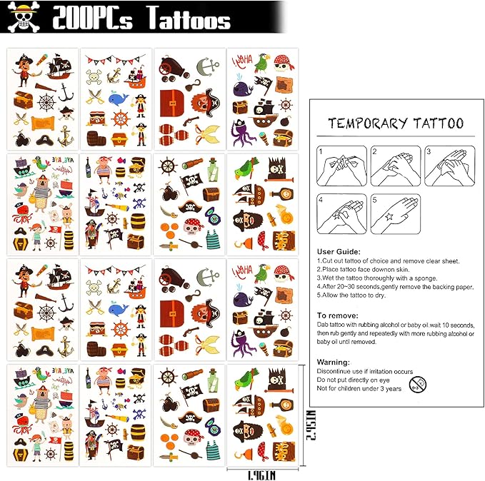 96PCS Pirate Party Favors Supplies Pirate Gold Coins Pirate Gem Pirate Keychain Rings Bracelets Pirate Eye Patch Mustache Tattoos for Birthday Party Goodie Bag Fillers