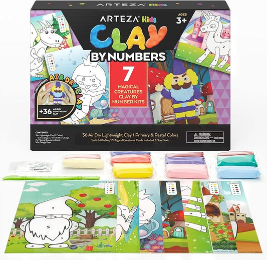 Arteza Kids Air-Dry Clay, 36 Bars, Magical Creatures Modeling Clay-by-Numbers Kit, 7 Magical Cards, 14 Googly Eyes, Craft Supplies for Learning Centers and Educational Playtime