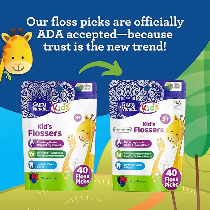 GuruNanda Dental Floss Picks for Kids, Extra-Long Giraffe-Shaped Picks, Fluoride-Free, Anti-Slip & Shred-Resistant Design & Eco-Friendly Handle & Berry Flavor, Ideal for Ages 3+, 40 Count (Pack of 1)