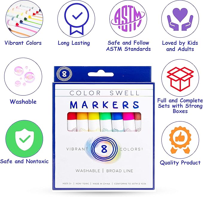 Color Swell Washable Bulk Markers Pack 18 Boxes of 8 Vibrant Colors (144 Total) Perfect Markers for Kids, Parties, Classrooms - Bulk Broad Line Markers
