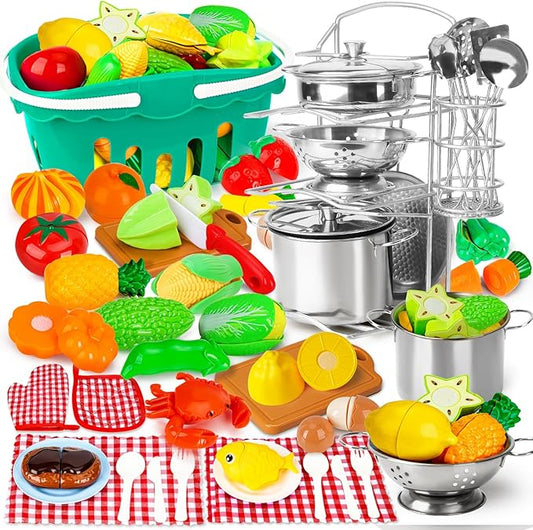95PCS Kids Pretend Play Kitchen Toys Accessories,Kids Kitchen Playset,Stainless Steel Cookware Pots and Pans Cooking Toys,Pretend Cutting Play Food Set for Kid Kitchen