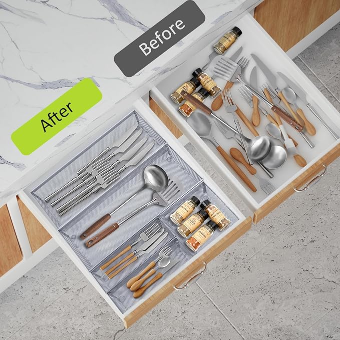 Neudeco Silverware Drawer Organizer,Utensil Organizer for Kitchen Drawer Organizer for Large Utensils with Interlocking Arm, Silverware Storage Cutlery Tray for Knives Fork Spoon (Pack 5, Silver)