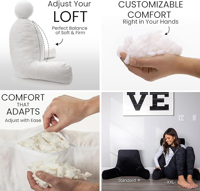 Husband Pillow Black, Original Reading Pillow in Bed Rest Chair, Shredded Memory Foam Large Lounge Cushion Adult Backrest with Arms, Comfy Back Support for Sit Sitting Up, Washable/Removable Cover