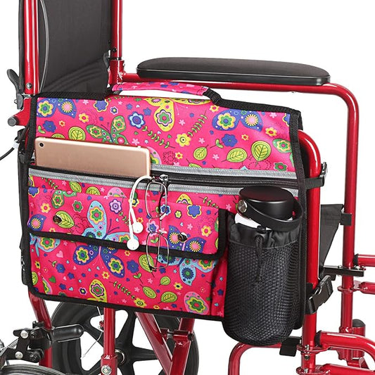 Wheelchair Storage Bag, Double-Sided Armrest Pouch with Cup Holder and Reflective Strip, for Wheelchairs and Walkers (Red Butterfly)