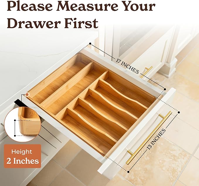 SMIRLY Silverware Drawer Organizer – Bamboo Kitchen Drawer Organizer, Adjustable Utensil Holder and Cutlery Tray, Drawer Dividers for Flatware and Kitchen Utensils