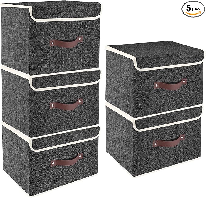 TYEERS Foldable Storage Boxes with Lids 5 Pack Fabric Storage Bins with Lids, Closet Organizers for Clothes Storage, Room Organization, Office Storage, Toys - Black