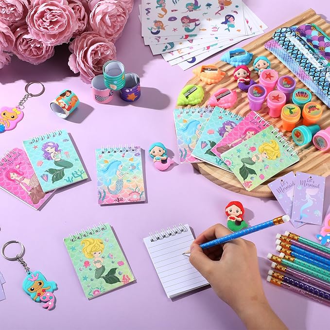 Colarr 161 Pcs Mermaid Party Favor Mermaid School Stationery Set Includes Gift Cup Notebook Pencil Sharpener Eraser Keychain Stamp Slap Bracelet Sticker Card for Mermaid Birthday Supplies