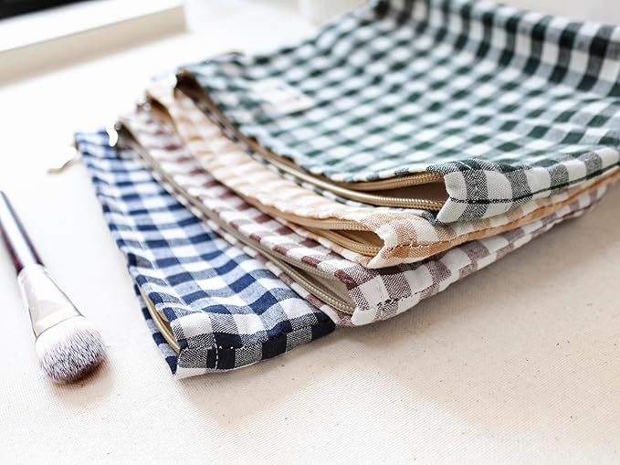 HAPPYHEIDI Brown Gingham Cotton Makeup Bag Cosmetic Travel Pouch Purse Organizer, Zipper Closure, Canvas Lined, Vintage Coffee Brown