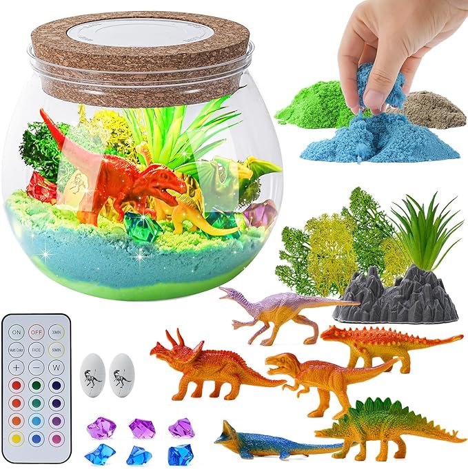Ideashop Dinosaur Light Up Terrarium Kit for Kids, Educational DIY Arts and Crafts Science Kit Activities Kits, Kids Dinosaur Toys Birthday for Boys Girls Ages 4 5 6 7 8 9 10 Year Old