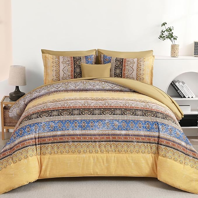 Cottolester Boho Queen Comforter Set 8 Pieces, Yellow Bohemian Striped Bed in a Bag, Paisley Soft Microfiber Bedding Comforter Set