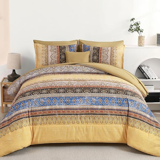 Cottolester Boho Queen Comforter Set 8 Pieces, Yellow Bohemian Striped Bed in a Bag, Paisley Soft Microfiber Bedding Comforter Set