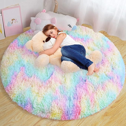Xexsin Round Fluffy Rugs 4Ft for Girls Bedroom, Rainbow Shag Circle Kids Rug Non-Slip for Bedside Dorm Nursery Playroom, Soft Cute Area Rugs for Living Room Decor
