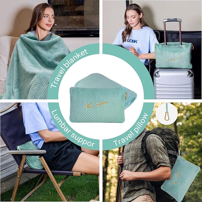 CLEXION Travel Blanket Pillow-Premium Soft 2 in 1 Airplane Blanket for Long Trips Essentials with Bag Pillowcase, Hand Luggage Sleeve and Backpack Clip (Mint Green)
