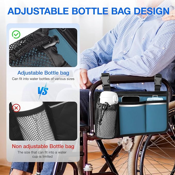 Wheelchair Bag, Walker Bag, Armrest Organizer Pouch with Cup Holder Attachment and Reflective Strip, Accessories for Most Wheelchairs, Walker, Rollators (Sea Blue)