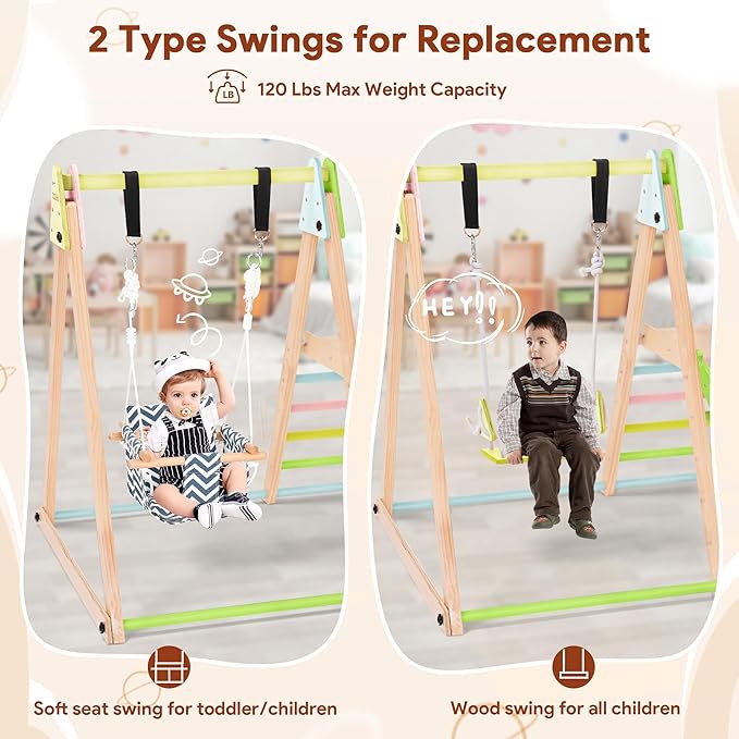 7 in 1 Indoor Jungle Gym for Kids, Foldable Toddler Indoor Playground with Slide, Beechwood & Baby Swing, Climbing Wall & Ladder, Wooden Climbing Toys Playset Gifts for Kids (Multicolor)