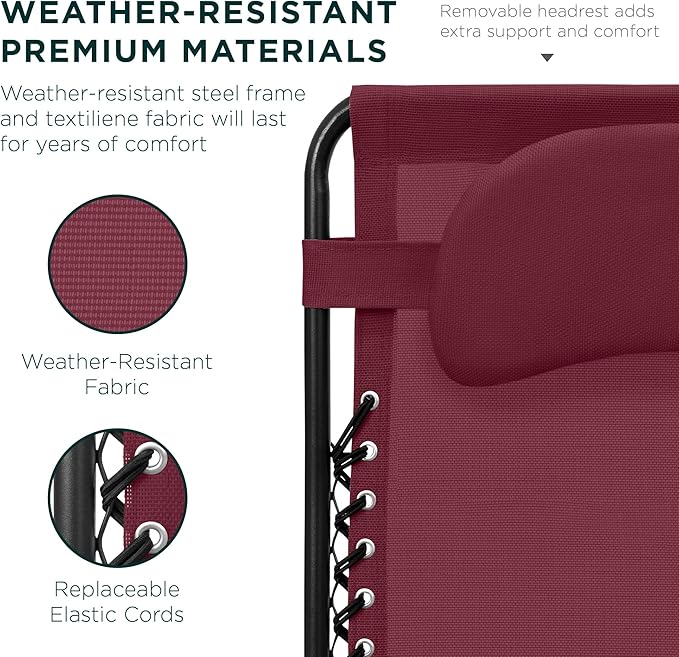Best Choice Products Oversized Zero Gravity Chair, Folding Outdoor Patio Lounge Recliner w/Cup Holder Accessory Tray, Pillow - Burgundy