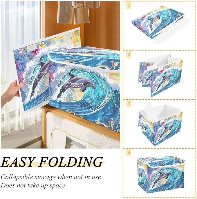 senya Large Storage Bins with Linen Collapsible Foldable Storage Cubes Fabric Closet Organizer Containers box with Flip-Top Lid for Home Bedroom Office 16.7 x 12.6 x 11.8in (Dolphin)