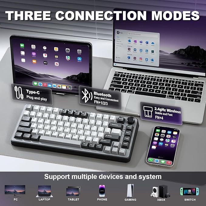 YUNZII B75 PRO Wireless Mechanical Keyboard,75% Layout with Knob,Hot Swap Gasket Custom Structure,Creamy Pre-lubed Switches,RGB Backlit,BT/Type-C/2.4G for Win/Mac(Cocoa Cream V2 Switch,Dark Grey)